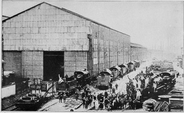 Copyright by the Committee on Public Information.

U. S. locomotive-assembling yards in France.