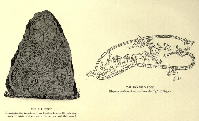 The Vik Stone (Illustrates the transition from heathendom
to Christianity; shows a mixture of elements, the serpent and the
cross.)—The Ramsund Rock (Representations of scenes from the
Sigfried Saga.)